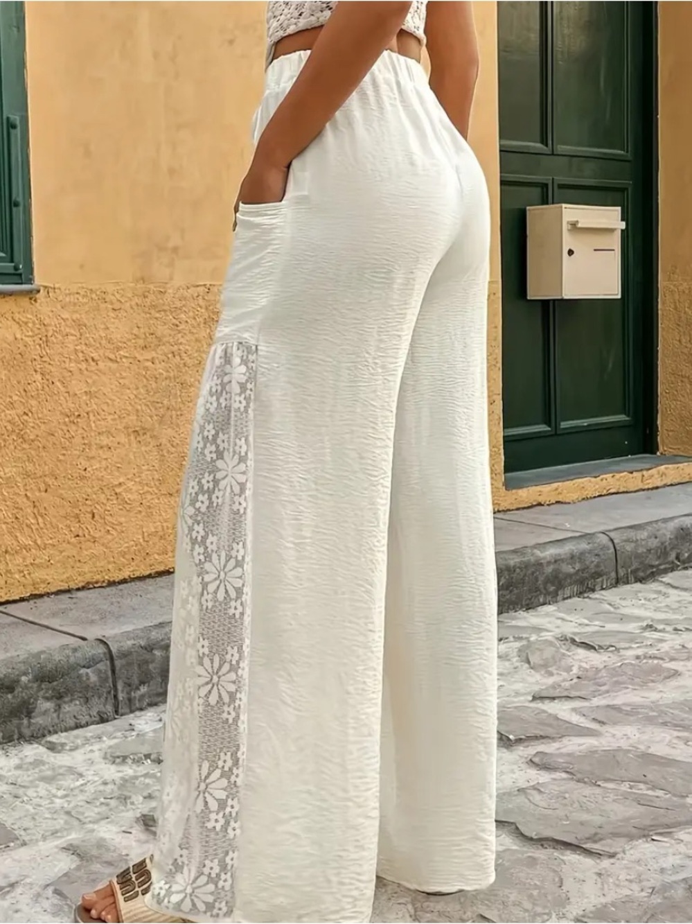 Women’s White Wide Leg Lace-Panel Palazzo Pants NIP - Picture 2 of 6